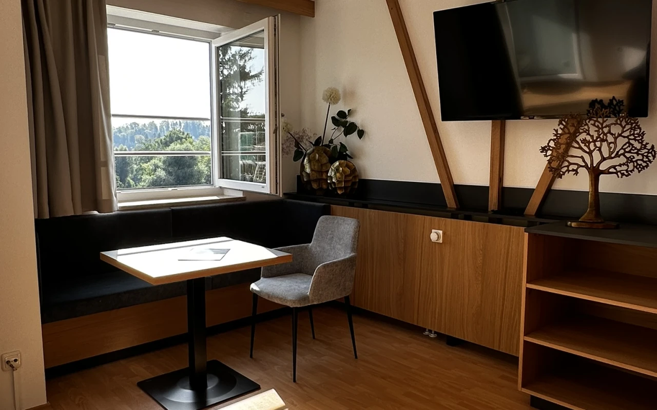 Bild Heller Aufenthaltsbereich im Patientenzimmer mit Sitzecke, Fernseher und Ausblick ins Grüne.